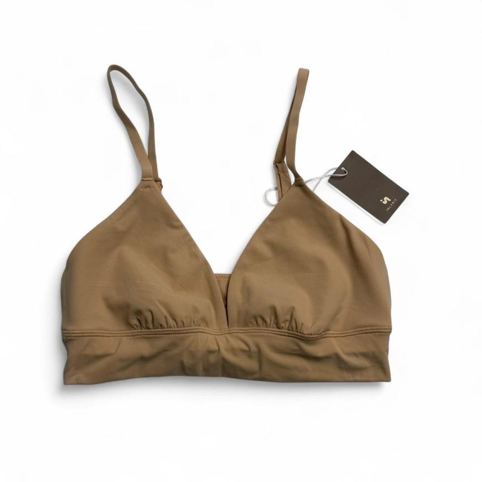 Illyric Plunge Unlined No Underwire Yoga Sport Warm Beige Taupe Soft Bra Size S